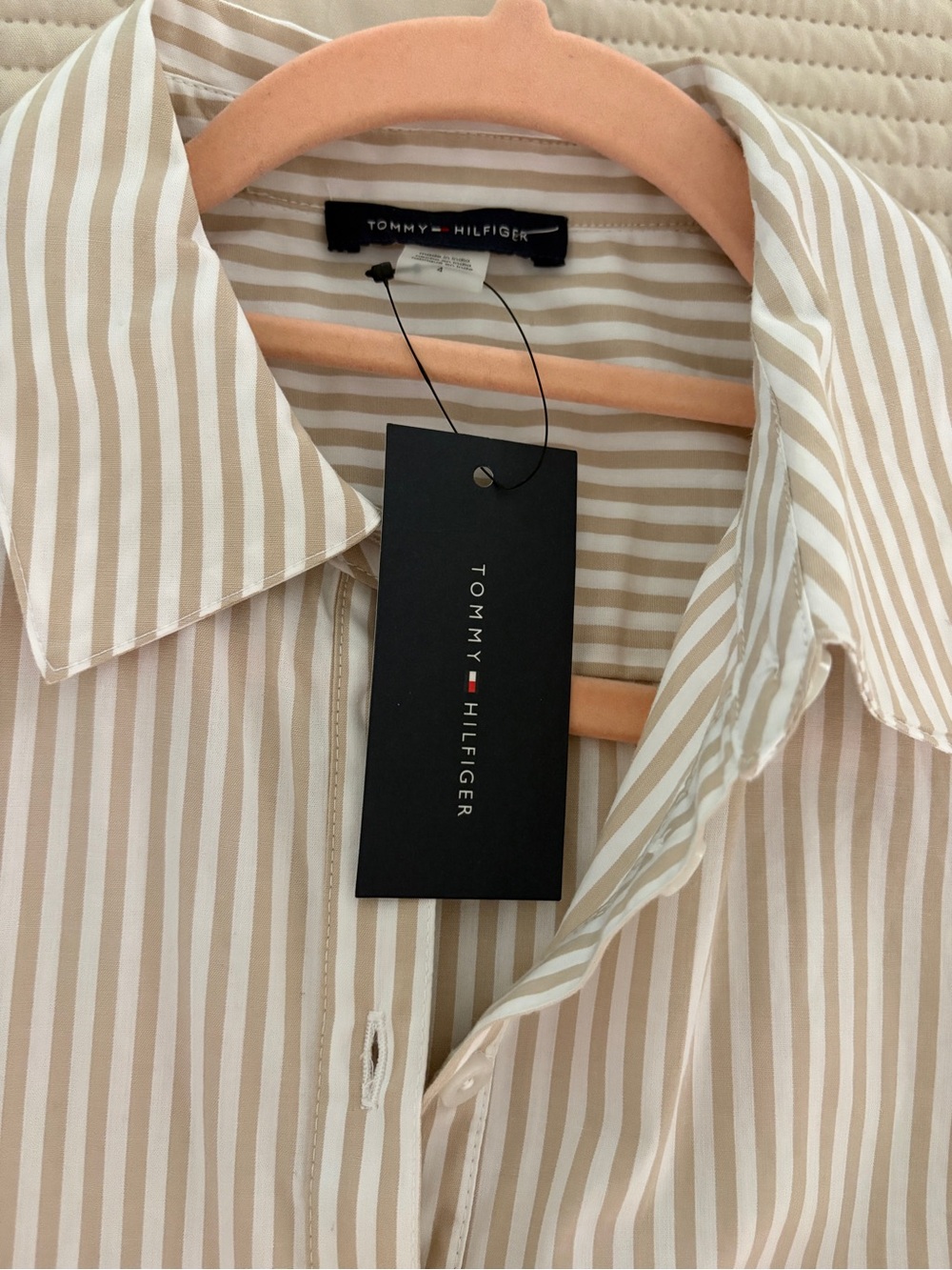 Tommy Hilfiger Men’s Beige and White Striped Dress Shirt